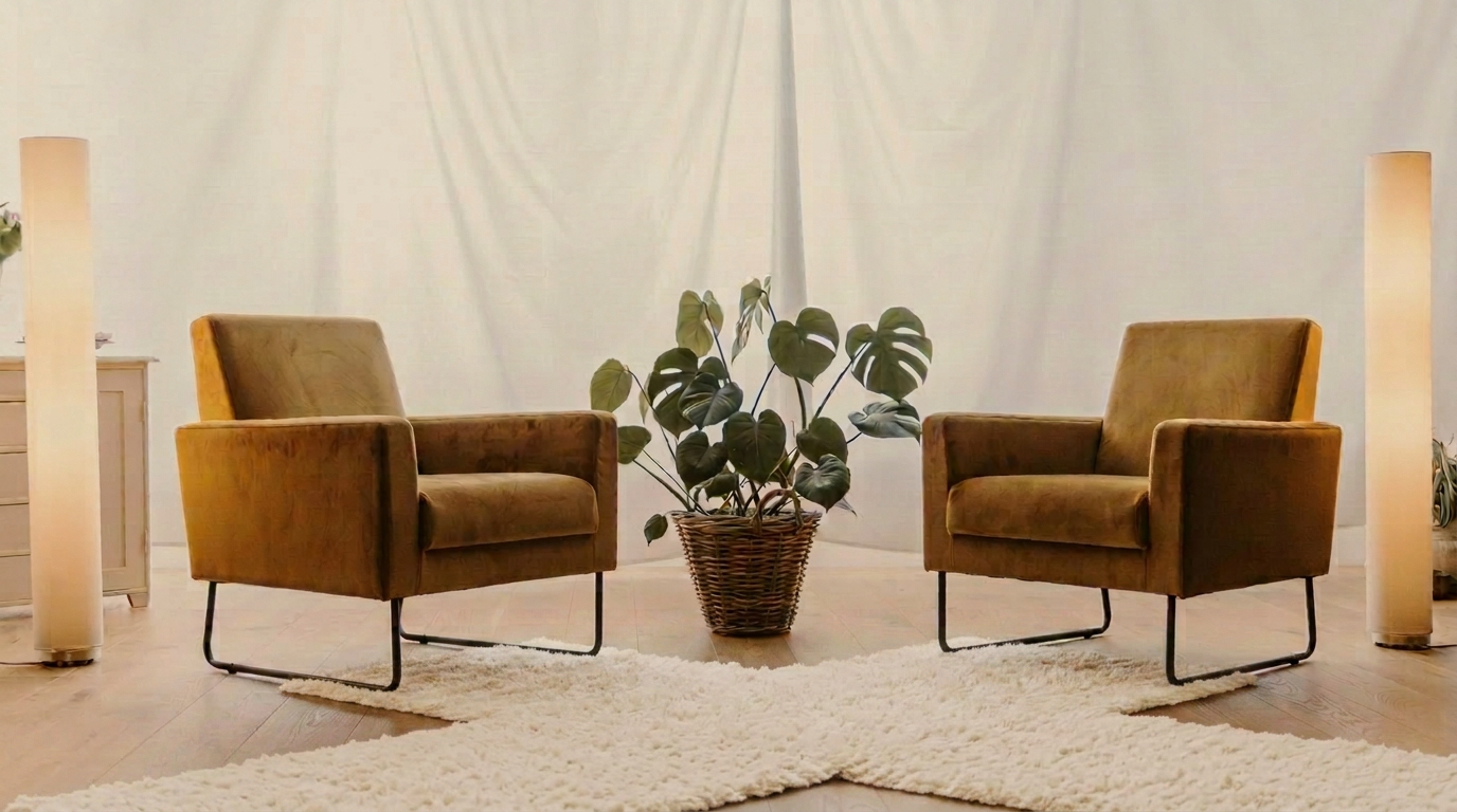 Two warm chairs facing each other with a light blue rug and a monstera plant, suggesting a welcoming therapy space.