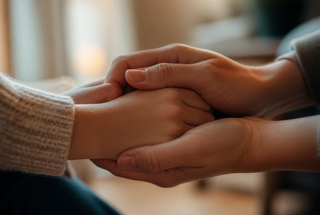 Two sets of hands, one younger and one older, gently holding each other in a supportive gesture.