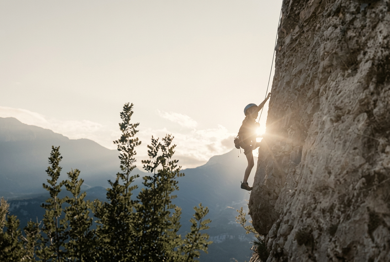 A child silhouetted against warm sunlight while climbing a rock face, illustrating courage and resilience.